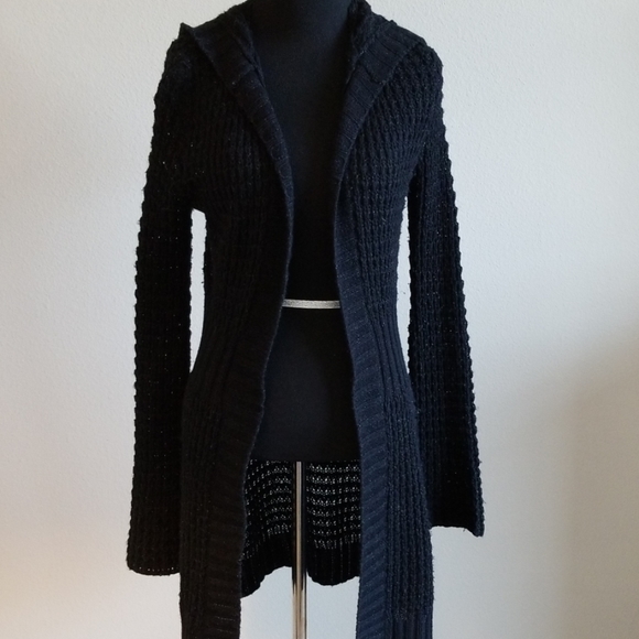 Say What? Sweaters - [SOLD] Hooded Black Open Knit Duster